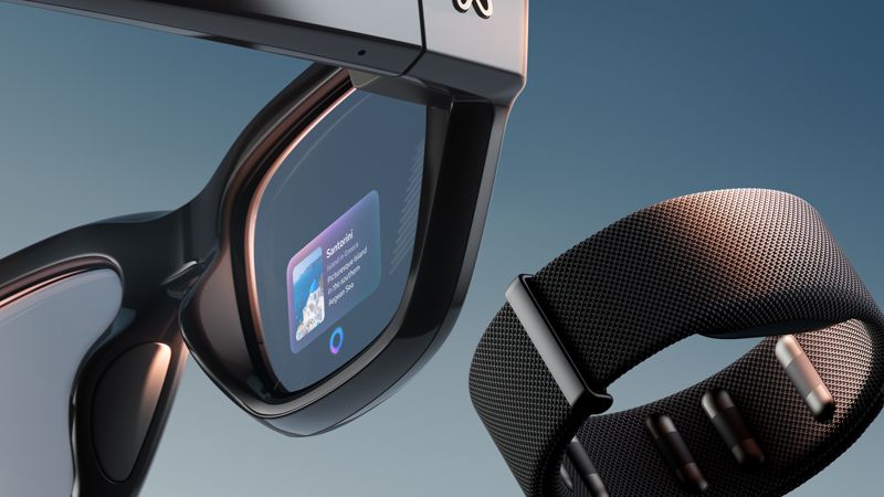 Close-up of Meta Ray-Ban Display glasses showing a Santorini info card on the in-lens display, with the Neural Band wristband alongside.