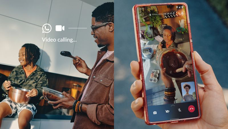 Split view: a father and child baking together while wearing Ray-Ban Meta glasses, alongside the point-of-view WhatsApp video call they're sharing.