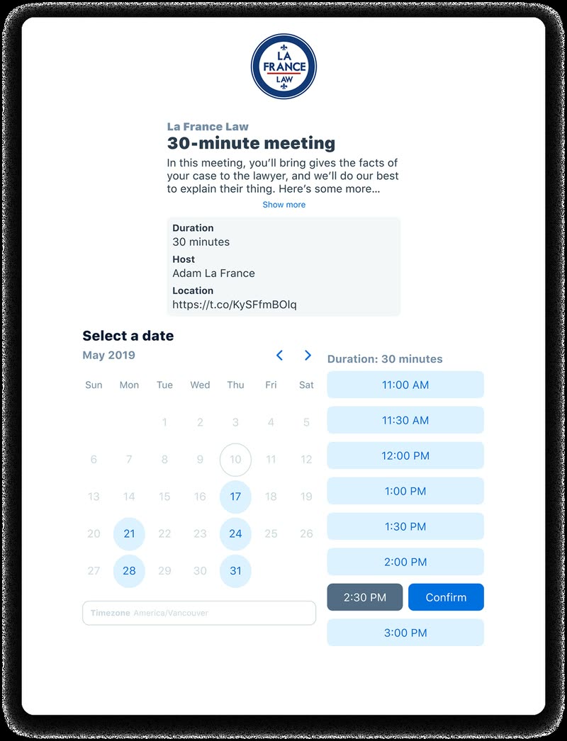 Clio Scheduler tablet booking view.